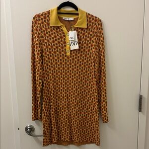 Zara Women's Mustard and Brown Geometric Dress